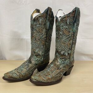 Corral Turquoise Glitter Inlay Leather Western Cowboy Boots Size 8